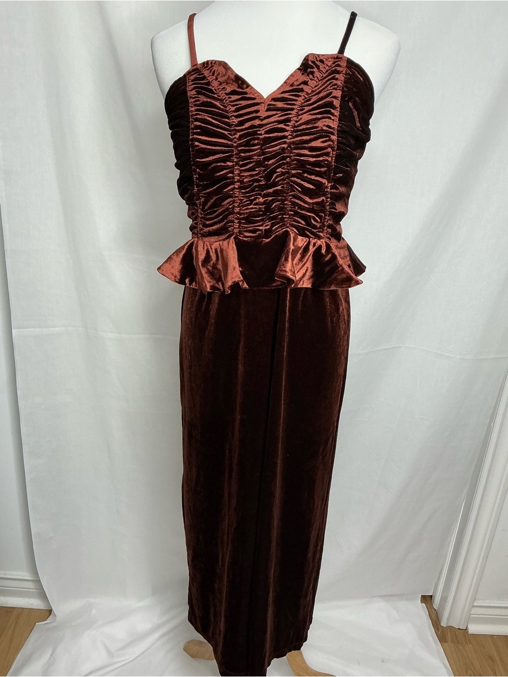 2202 - Ruched Velvet Peplum Maxi Dress in Deep Chocolate - Picture 2 of 12